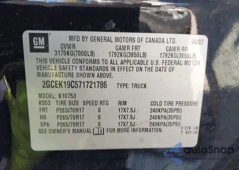 2007 Chevrolet Silverado 1500 Lt1 z USA, uszkodzony, nr VIN 2GCEK19C571721786